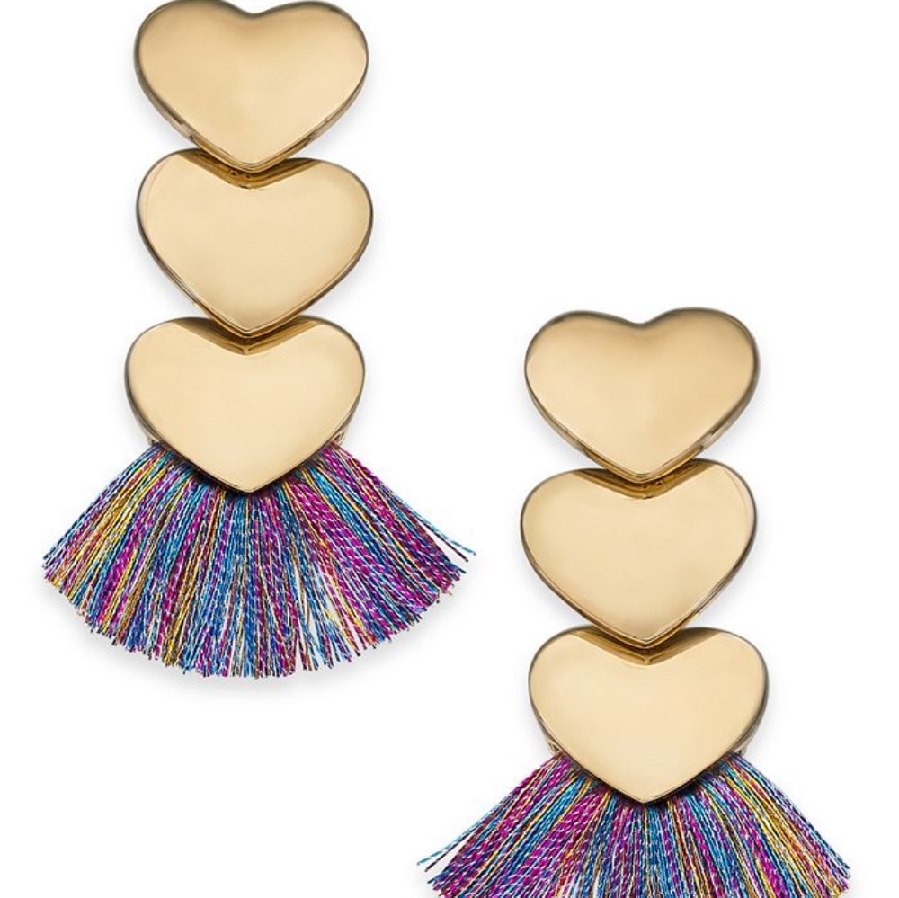 INC gold triple heart fringe drop statement earrings, gold/ multicolor